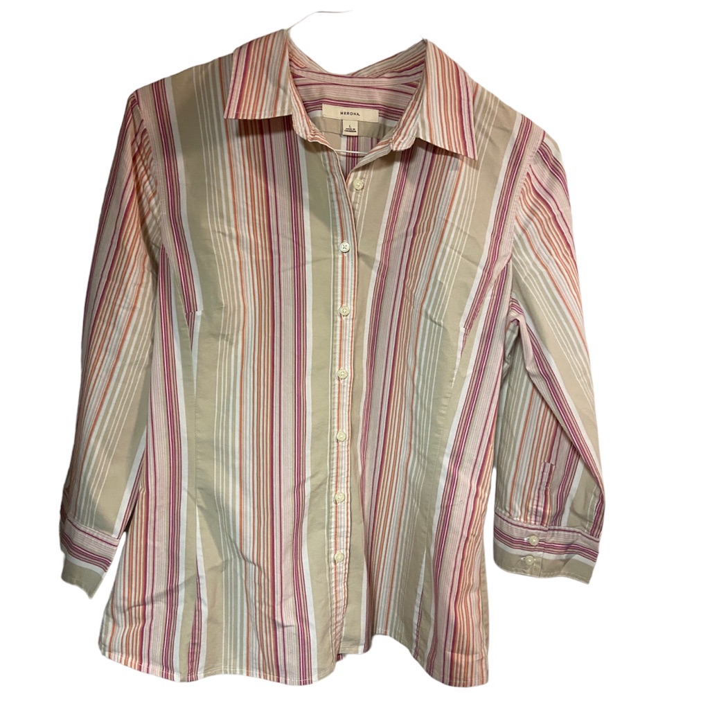 Merona Atriped Multicolor Button Front Ladies Cotton Blend Shirt Large Guc